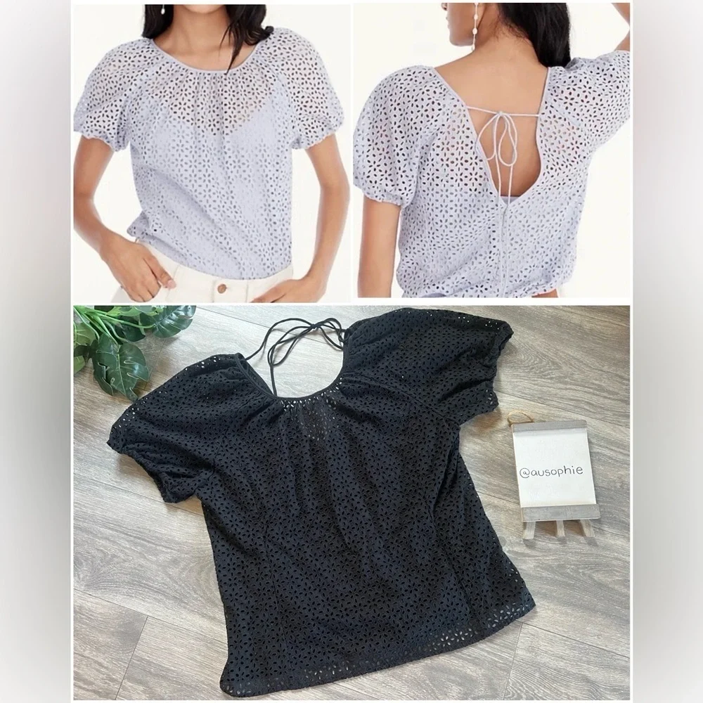 J. Crew V-Back Puff Sleeve Black Eyelet Top w Built In Tank. Size 12